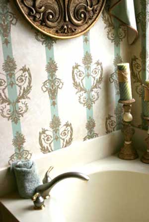 Bathroom wallpaper - Gold and Silver tapware.