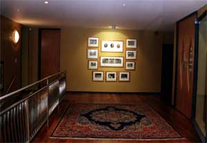 The grouping of pictures on this wall creates pattern and a focal point in a large space with many smooth textured surfaces. Note how the Oriental rug adds pattern to the floor and introduces other colors and textures to soften and compliment the overall scheme.